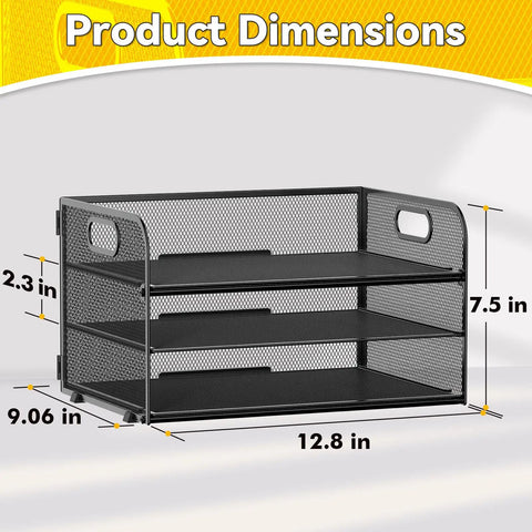 Three Tier Paper Organizer Tray With Handle Mesh Letter Tray dimensions; black mesh design for office home school.