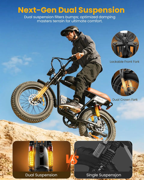 Rider jumps dune on Beast 1500W Fat Tire Electric Bike With 48V 20Ah Battery, showcasing dual suspension features.