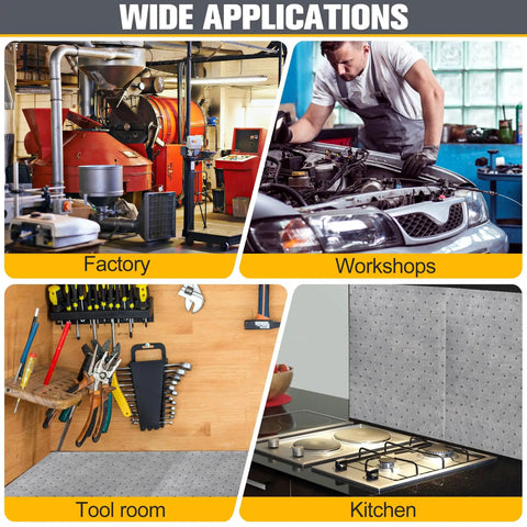 Heavy Duty Oil Absorbent Pads 100 Pack 13 X 10 Inch Meltblown Polypropylene shown in factory, workshop, tool room, and kitchen settings.
