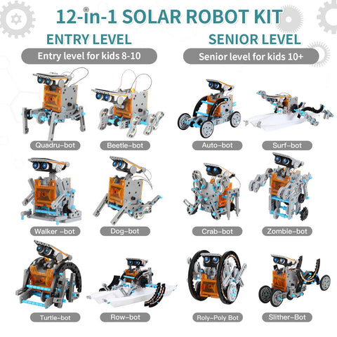 12 In 1 Solar Power Robot Kit For Kids Aged 8 To 13, STEM Building Toy Set showcasing various robot models