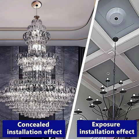 Heavy Duty Motorized Chandelier Hoist Lift System With Remote Control For Villas And High Ceilings 70kg Capacity showing concealed and exposed installation effects.