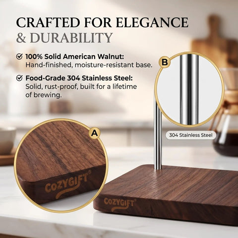 Solid Black Walnut Pour Over Coffee Maker Stand With Adjustable Stainless Steel Dripper Holder And Premium Wooden Brewing Station with engraved logo.