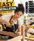 Woman using Heavy Duty 100 Piece Stainless Steel Flat Plate Straight Brackets 36mm To 76mm Tough As Nails Corner Brace Kit for furniture.