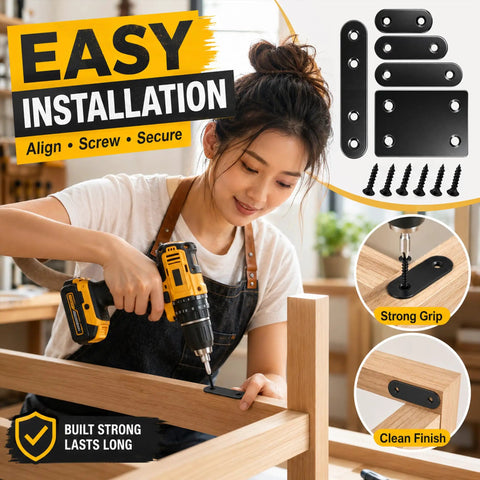 Woman using Heavy Duty 100 Piece Stainless Steel Flat Plate Straight Brackets 36mm To 76mm Tough As Nails Corner Brace Kit for furniture.