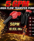 Cordless Fuel Transfer Pump With Auto Shutoff And Solid Grip Nozzle For Gasoline Diesel Oil 5Gpm Battery Operated Hose Kit, 5 GPM, black and red design.