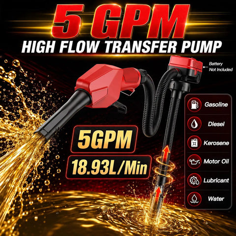 Cordless Fuel Transfer Pump With Auto Shutoff And Solid Grip Nozzle For Gasoline Diesel Oil 5Gpm Battery Operated Hose Kit, 5 GPM, black and red design.