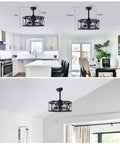 Neojoyoenix 20" 'Industrial Ceiling Fan with Remote Control,3 Speed,AC Motor, Timing,5 PC Blades Small Size - for Bedroom, Living Room ,  NOT Included Bulbs ,  Matte Black mounted in kitchen, showing dimensions.