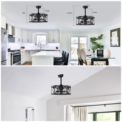 Neojoyoenix 20" 'Industrial Ceiling Fan with Remote Control,3 Speed,AC Motor, Timing,5 PC Blades Small Size - for Bedroom, Living Room ,  NOT Included Bulbs ,  Matte Black mounted in kitchen, showing dimensions.