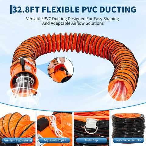 32.8 ft flexible PVC ducting for 8 Inch Utility Blower Fan Portable Air Mover 1100 CFM Industrial Exhaust Fan