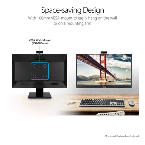 24 Inch Business Monitor With Full HD 1080P IPS Frameless Design Built In 2MP HD Webcam Mic Array And Stereo Speakers For WFH And Video Conferencing Eye Care DisplayPort And HDMI Black, VESA wall-mount option shown.