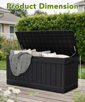 78 Gallon Waterproof Resin Deck Box with Lockable Bench on patio, black resin with rattan pattern, open with blankets inside.