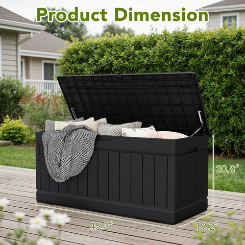 78 Gallon Waterproof Resin Deck Box with Lockable Bench on patio, black resin with rattan pattern, open with blankets inside.
