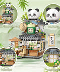 Mini Tea Shop Building Blocks Set 860 Pieces MOC Creative Construction Toys with panda figures, foldable street-view model
