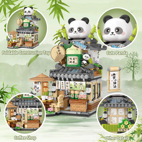 Mini Tea Shop Building Blocks Set 860 Pieces MOC Creative Construction Toys with panda figures, foldable street-view model
