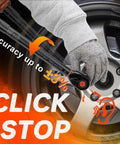 Close-up of Upgraded 8 Piece Torque Wrench Set with glove tightening car wheel lug