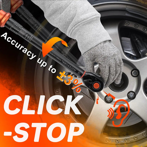 Close-up of Upgraded 8 Piece Torque Wrench Set with glove tightening car wheel lug