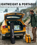 Man standing next to a yellow car with a wheeled bag containing the 10x10 Pop Up Gazebo With Mosquito Netting And Double Roof Venting