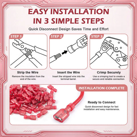 200 Pcs Red Nylon Female Spade Connectors For Quick Electrical Disconnects With Tinned Brass Core And Self-Stripping Crimp Insulated Terminals Totally Made To Fit 22 To 16 Awg Wiring Runs Securely., red female spade connectors with crimp tool steps