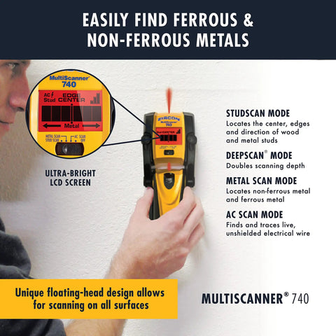 Person using MultiScanner 740 Electronic Wall Scanner With Built In Erasable Marker For Studs Metal And Live Wire Detection. LCD screen magnified.