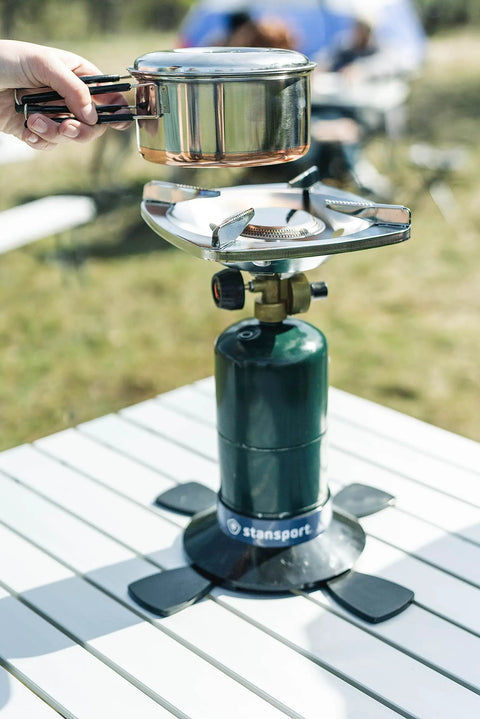 Portable Propane Stove With 10,000 BTU Burner Chrome Anti-Clog Design On Off Regulator Seven Point Five Inch Cooking Grid