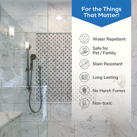 Bathroom shower with water-repellent tile; text highlights Grout Sealer 16 Oz Clear For Tile And Grout Natural Finish Indoor And Outdoor Protection