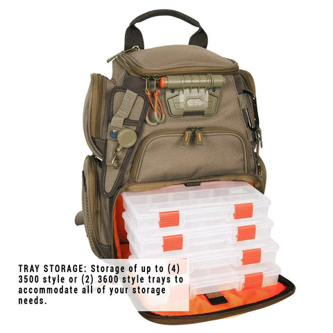 Recon Lighted Compact Tackle Backpack With Four PT3500 Trays, Beige, showing open tray storage pockets and easy access design