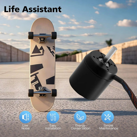 Top Shelf 170Kv Brushless Outrunner Motor With Hall Sensor Delivering A Beast Mode 2300W Output And 4080Rpm Spins For Electric Scooter Skateboard Surfboard DIY EV Builds In Black with skateboard background.