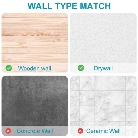 Wall type match graphic showing compatible walls for Solid As A Rock 10 Piece Heavy Duty Picture Hangers.