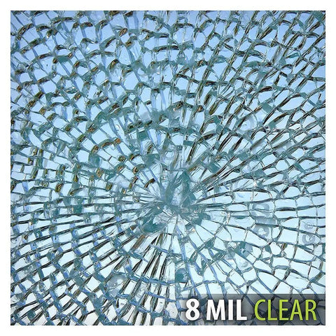 Cracked glass with S8MC Window Film Security And Safety 8 Mil Clear for Home Windows 36 Inch by 12 Foot, showing glass kept intact.