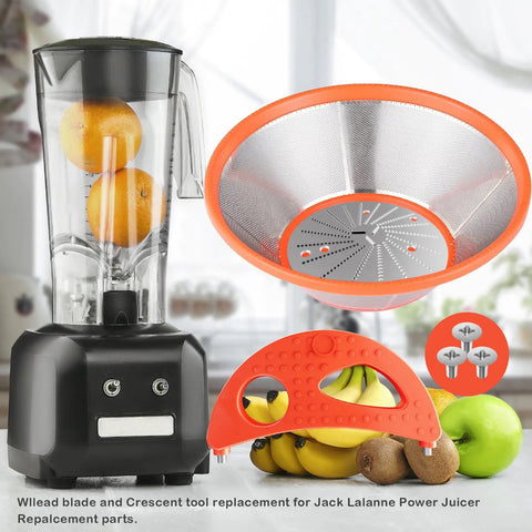 Blade And Crescent Tool Replacement Kit For Jack Lalanne Power Juicer shown with blender, oranges, screws, and fruits