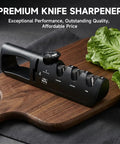 Four In One Knife Sharpener With Non Slip Base And Adjustable Angle Guide For Chef Knives Fruit Knives Steel Knives And Scissors Pro Repair Restore Polish Blades on wooden board.