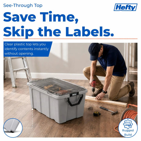 Kick Butt Heavy Duty 50 Gallon Storage Bins with Crystal Clear Lids Nesting Stackable Plastic Totes Hold All Tools Seasonal Gear and Bulky Clutter 2 Pack Grey in use, showcasing clear lid and rugged build.