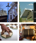 STEELSOFT stainless steel DIY band clamp kit; four-view collage showing post, panel, wooden ring, exhaust use.
