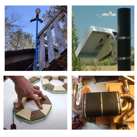 STEELSOFT stainless steel DIY band clamp kit; four-view collage showing post, panel, wooden ring, exhaust use.