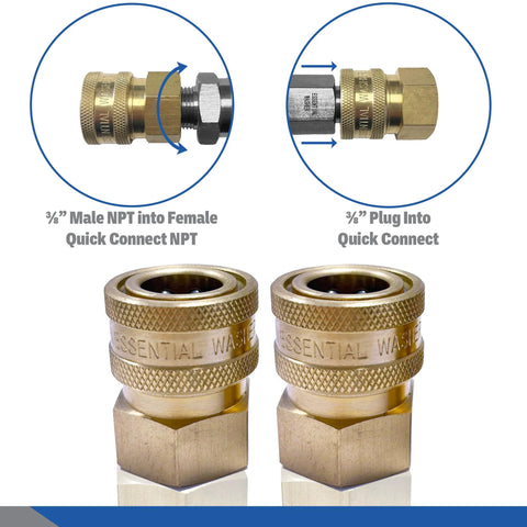 Brass 3/8 in NPT female quick-connect pressure washer couplers, set of 2, front and side views.