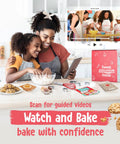 Mother and daughter using 6 Month Kids Baking Subscription Kit With Pre Measured Ingredients and Bake Along Videos in kitchen.