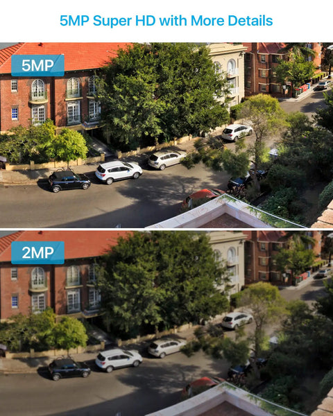 Comparison of 5MP PoE Bullet IP Camera with Night Vision vs 2MP showing enhanced outdoor street detail with 95° wide view.