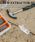 Heavy Duty Steel Broken Screw Extractor Kit With Two Sets For Pipe And Valve Repair, Includes Triangular Thread Remover And Bolt Wrench To Fix Stripped Fasteners Like A Pro On Any Tough Job Today., steel screw extractor set with wrench and broken screw remover on stone surface