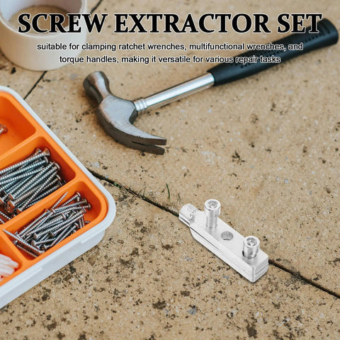 Heavy Duty Steel Broken Screw Extractor Kit With Two Sets For Pipe And Valve Repair, Includes Triangular Thread Remover And Bolt Wrench To Fix Stripped Fasteners Like A Pro On Any Tough Job Today., steel screw extractor set with wrench and broken screw remover on stone surface