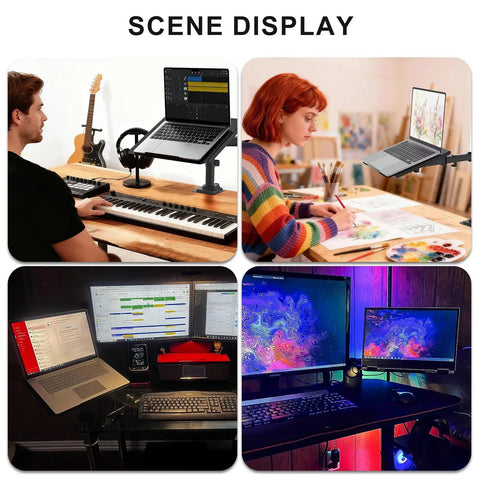 Adjustable Laptop Desk Mount Arm For 17 Inch Laptops And 32 Inch Monitors, Holds Up To 22 Lbs in various office and artistic setups