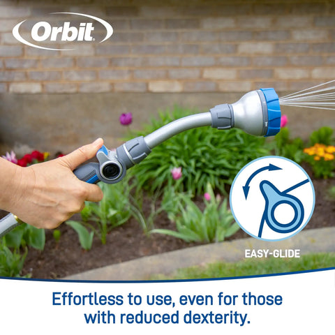 Elevated 14 Inch Hose End Watering Wand with Seven Pattern Spray in use, showing easy glide thumb flow control and ergonomic handle.