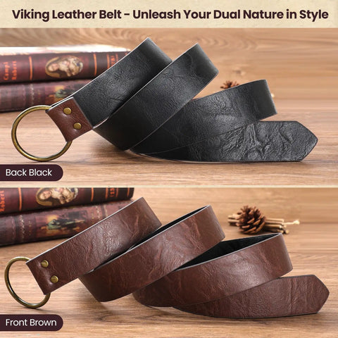 Dope 3 Piece Renaissance Accessories Set Featuring Legit Vintage Viking Belt And Premium Crafted Leather Bracers For Badass Medieval Cosplay Festival Flex. Black and brown leather Viking belt shown.