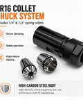 ER16 collet chuck system with 1/4 and 1/2 inch spring collets for 5/8-11 Angle Grinder Extension Shaft Adapter Kit.