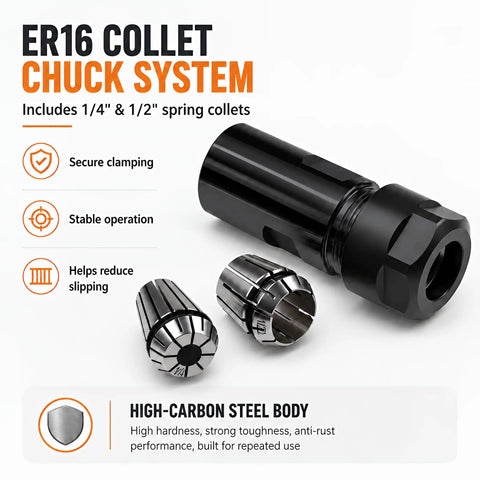 ER16 collet chuck system with 1/4 and 1/2 inch spring collets for 5/8-11 Angle Grinder Extension Shaft Adapter Kit.