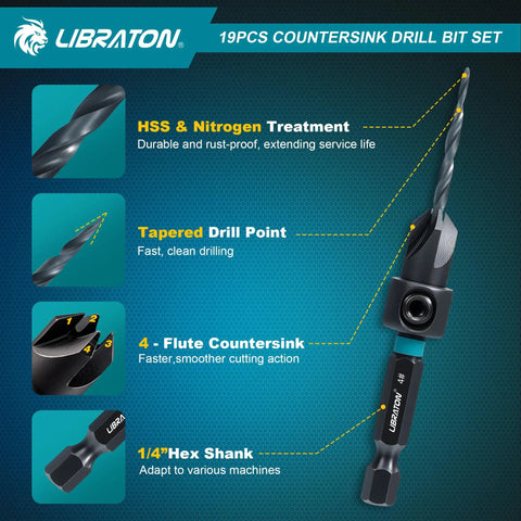 Libraton 19 piece countersink drill bit set with HSS treatment, tapered point, 4-flute countersink, and quarter inch hex shank.