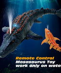 Remote Control Mosasaurus Vs Shark Dino Toy For Kids 3 4 5 6 7 With Light And Water Spray showing Mosasaurus model in water