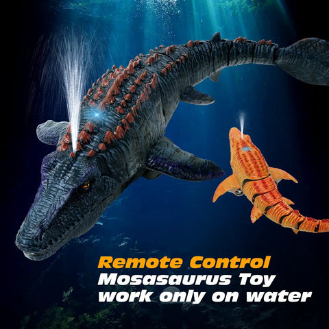 Remote Control Mosasaurus Vs Shark Dino Toy For Kids 3 4 5 6 7 With Light And Water Spray showing Mosasaurus model in water