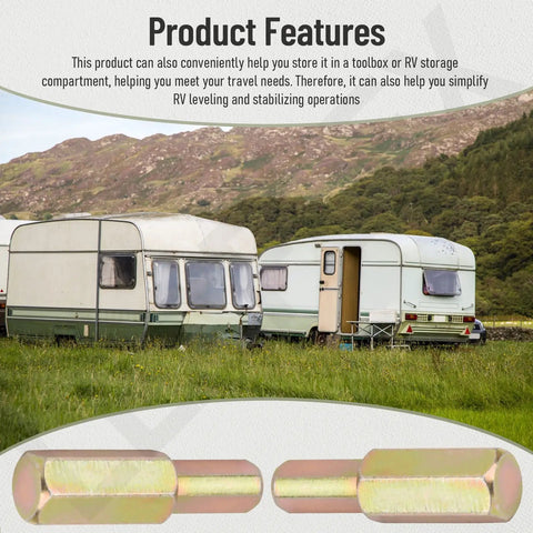 Two Piece Replacement Hex Drive Slick Upgrade For Happijac Camper Screw Jack Systems showing golden hex handles with RVs in the background.