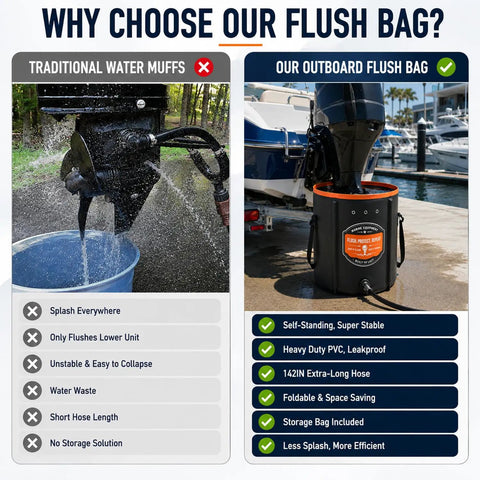 Comparison of traditional water muffs and Heavy Duty Outboard Motor Flushing Bag With Reinforced Heat Sealed Seams And Built In Freshwater Flush System.