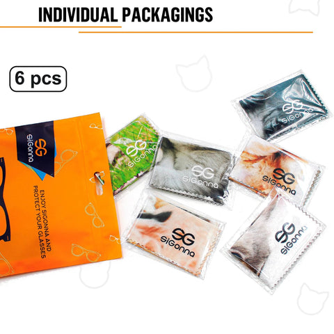 Six-pack microfiber cleaning cloths for glasses and screens, each in a sealed packet with assorted colors (front view).